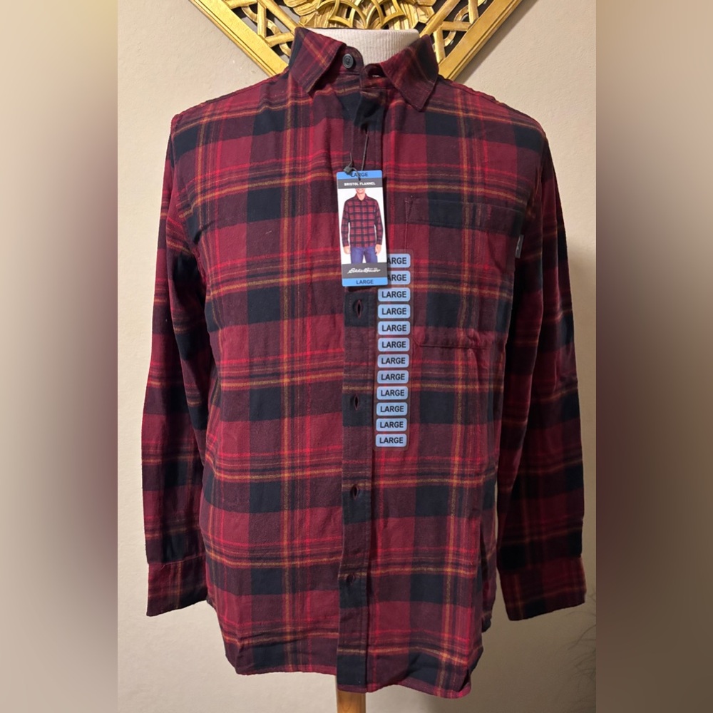 Eddie Bauer Men's Red and Black Flannel Shirt Size Large